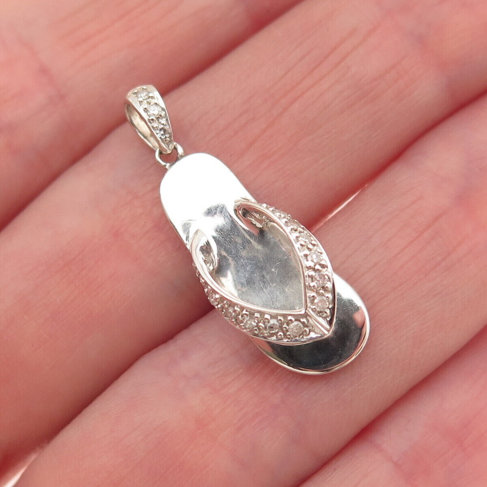 925 Sterling Silver Real Round-Cut Diamond Flip Flop 3D Mini Charm Pendant